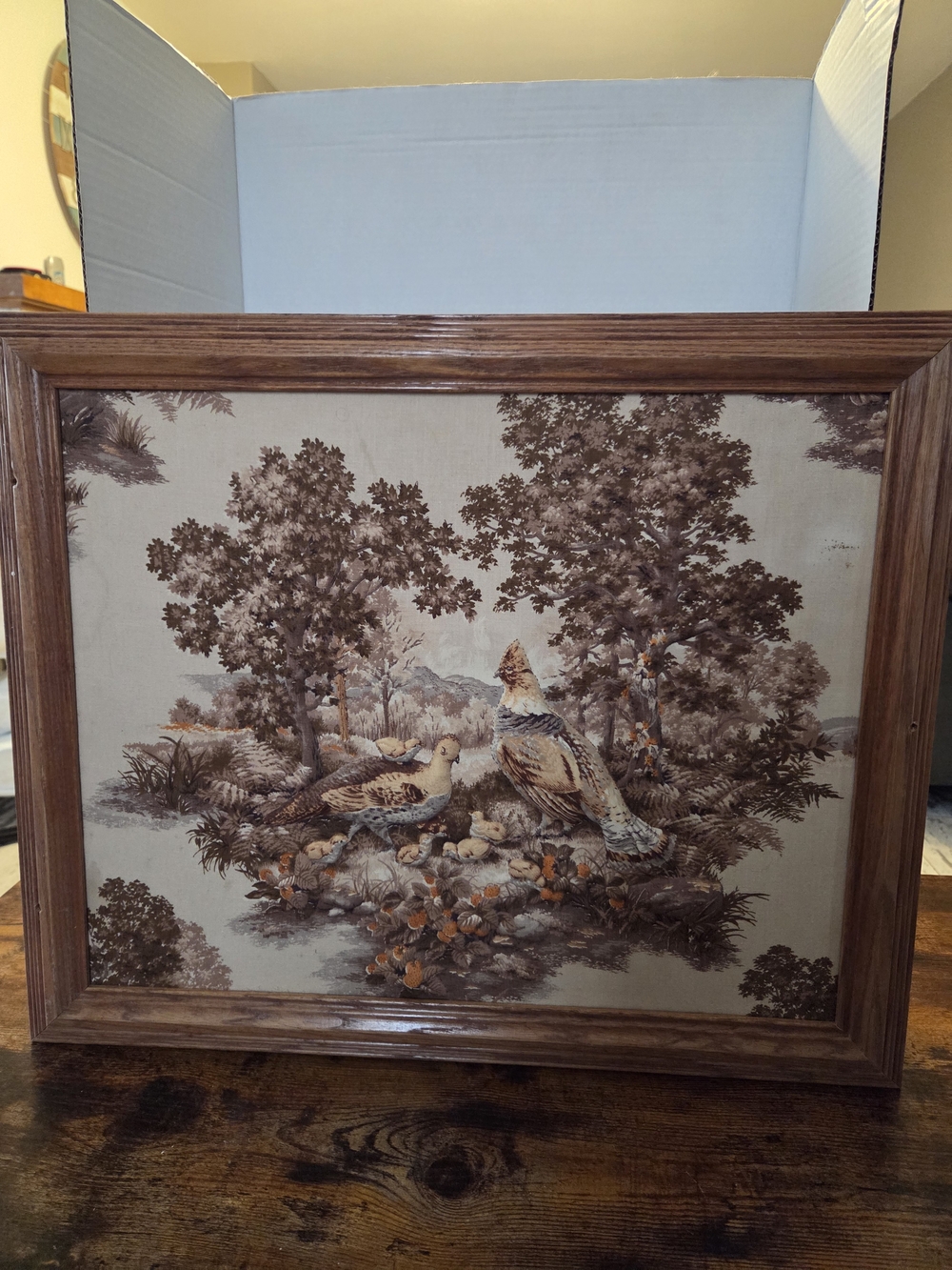 Vintage 1970s 3D Textile Wall Art Partridge Family Scene Wood Framed 23x19 Birds